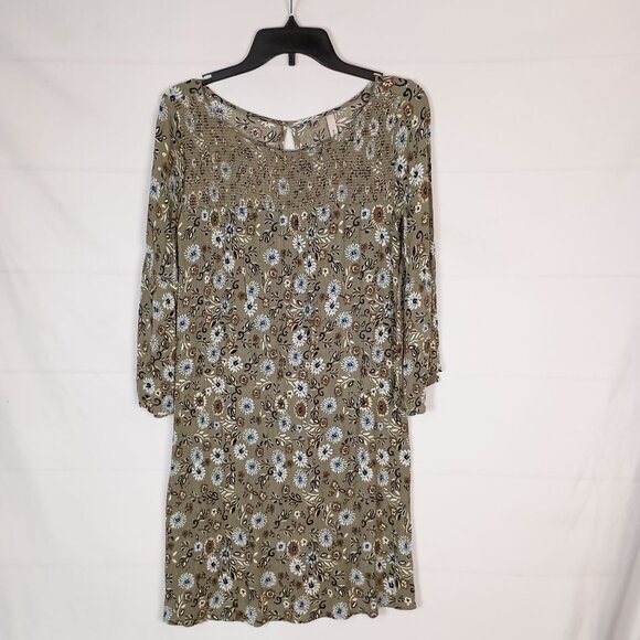 G.I.L.I. Green Floral Smocked Jersey Shift Dress Flared Sleeve S - Picture 7 of 7
